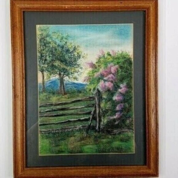 Vintage Pastel Chalk Drawing Lana Kariker  Scenic Landscape Lilacs Wooden Fence - Picture 1 of 4